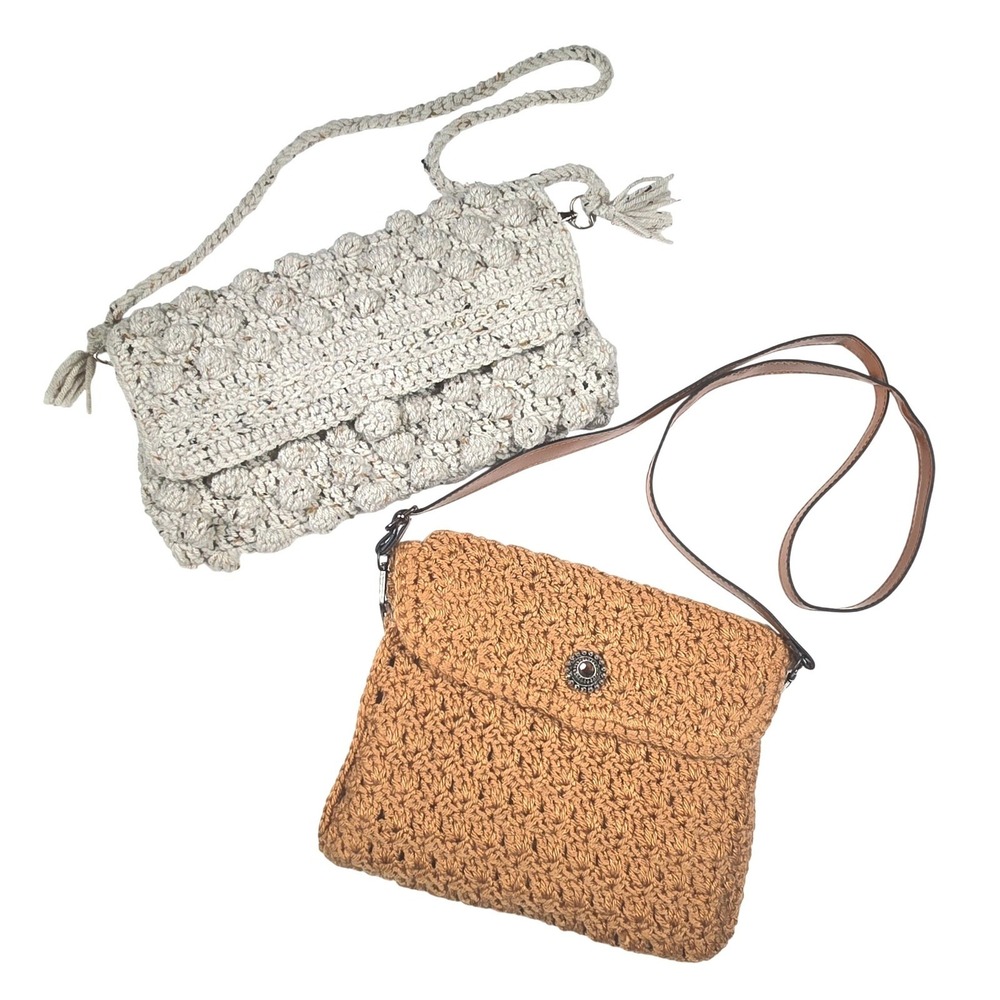 Set of 2 Handmade Crochet Crossbody Bag Purse Shoulder Bag Unique Brown Gray